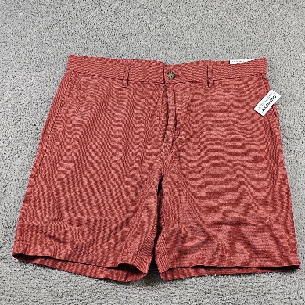 Old Navy Shorts Mens 38 Red Micro Stripe Linen Blend Slim‎ 9 Inseam Chino Summer
